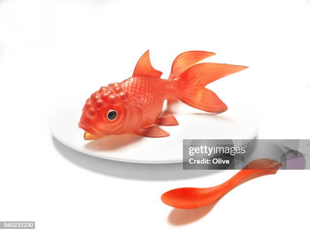 plastic toy fish in white plate on white background - plastic plate stock-fotos und bilder