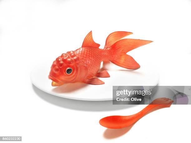 plastic toy fish in white plate on white background - plastic plate fotografías e imágenes de stock