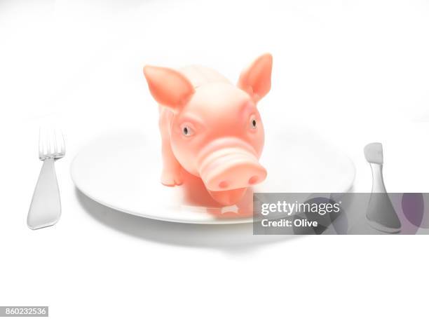 plastic pig toy on white plate on white background - plastic plate fotografías e imágenes de stock