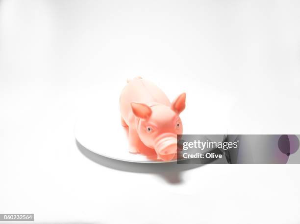 plastic pig toy on white plate on white background - plastic plate fotografías e imágenes de stock