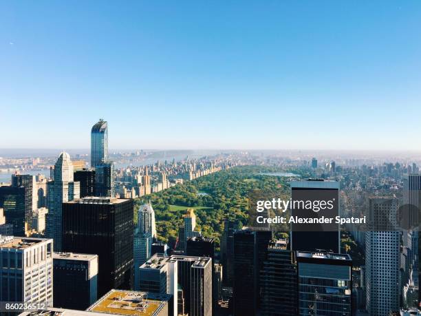 manhattan skyline with central park, new york city, usa - above central park stockfoto's en -beelden