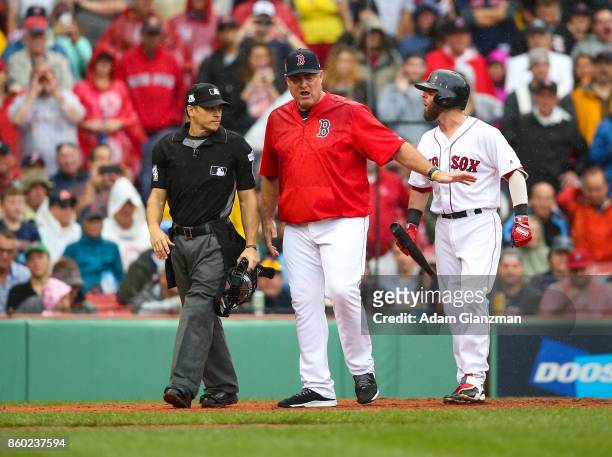 Manager John Farrell of the Boston Red Sox argues with home plate umpire Mark Wegner after Dustin Pedroia is called out on strikes in the second...