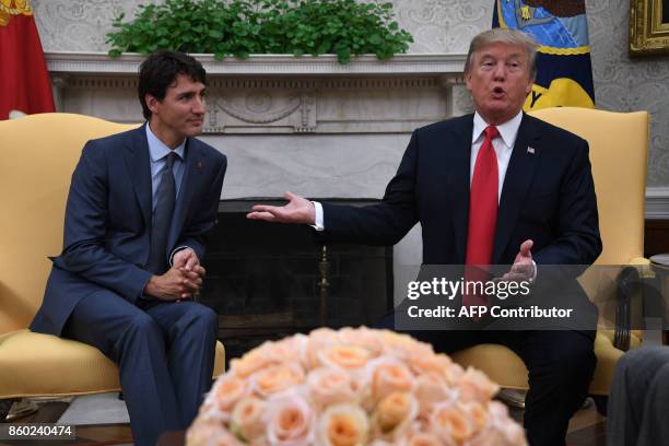 President Donald Trump speaks during a meeting with Canadian Prime Minister Justin Trudeau at the White House in Washington, DC, on October 11, 2017...