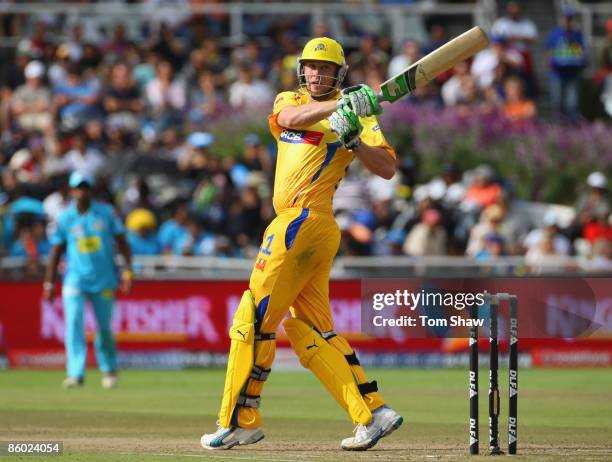 Andrew Flintoff of Chennai hits out during the IPL T20 match between Mumbai Indians and Chennai Super Kings at Newlands Cricket Ground on April 18,...