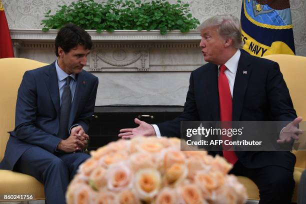 President Donald Trump speaks during a meeting with Canadian Prime Minister Justin Trudeau at the White House in Washington, DC, on October 11, 2017...