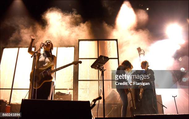 Emily Kokal, Jenny Lee Lindberg and Theresa Wayman of Warpaint perform during the 'Global Spirit Tour' at ORACLE Arena on October 10, 2017 in...