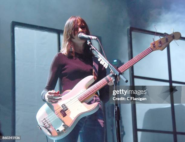 Theresa Wayman of Warpaint performs during the 'Global Spirit Tour' at ORACLE Arena on October 10, 2017 in Oakland, California.