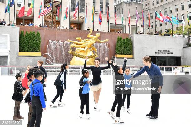 Olympic Gold medalists Meryl Davis and Charlie White host the first skate of the season at The Rink at Rockefeller Center on October 11, 2017 in New...