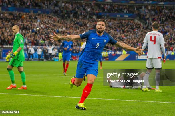 Olivier Giroud during the World Cup Group A qualifying soccer match between France and Belarus at Stade de France. .