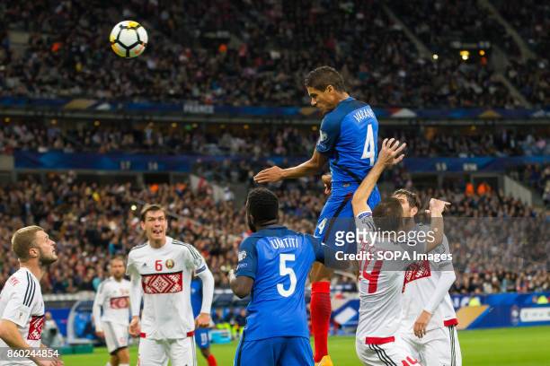 Raphael Varane in action during the World Cup Group A qualifying soccer match between France and Belarus at Stade de France. .