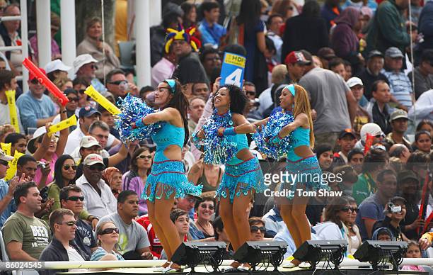 Cheerleaders dance during the IPL T20 match between Mumbai Indians and Chennai Super Kings at Newlands Cricket Ground on April 18, 2009 in Cape Town,...