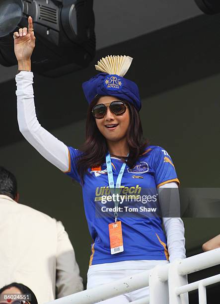 Shilpa Shetty of Rajasthan Royals waves during the IPL T20 match between Mumbai Indians and Chennai Super Kings at Newlands Cricket Ground on April...