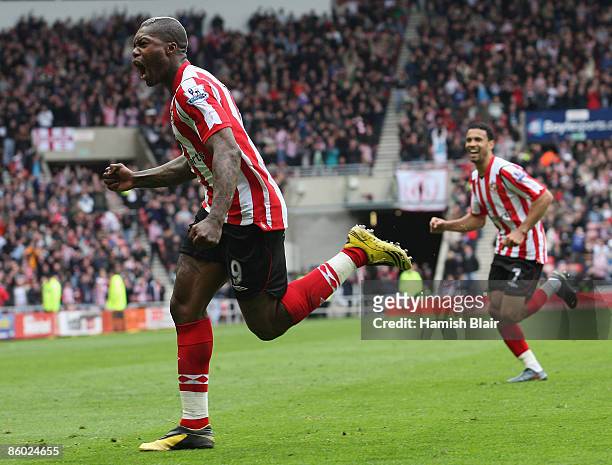 Djibril Cisse of Sunderland celebrates after scoring his team's first goal during the Barclays Premier League match between Sunderland and Hull at...