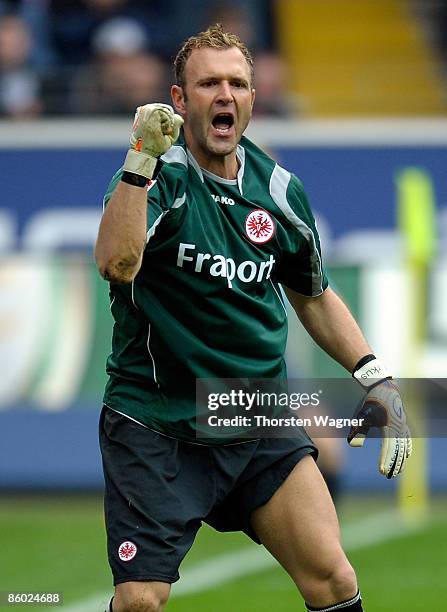Markus Proell, goalkeeper of Frankfurt celebrates after saving a penalty during the Bundesliga match between Eintracht Frankfurt and Borussia...