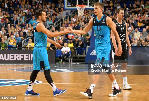 Spencer Butterfield and Tim Schneider of Alba Berlin during the game between Alba Berlin and BC Partizan Belgrad on october 11, 2017 in Berlin,...