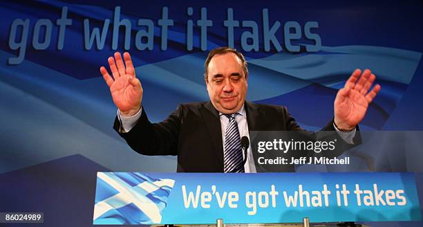 Scotland�s First Minister Alex Salmond takes applause, after giving his key note speech to the SNP spring conference on April 18, 2009 in Glasgow,...