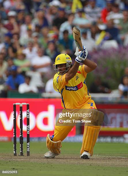 Mahendra Singh Dhoni of Chennai hits out during the IPL T20 match between Mumbai Indians and Chennai Super Kings at Newlands Cricket Ground on April...