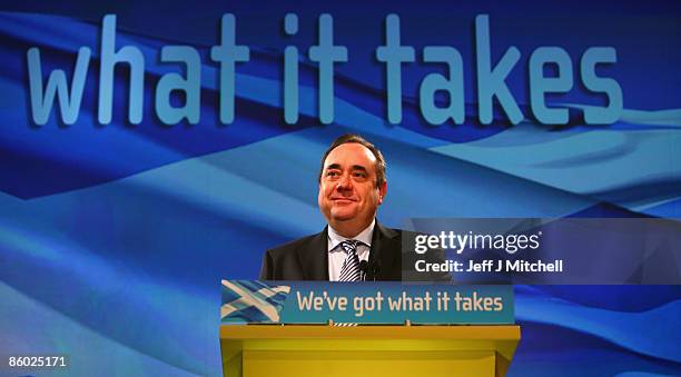 Scotland�s First Minister Alex Salmond, gives his key note speech to the SNP spring conference on April 18, 2009 in Glasgow, Scotland. Salmond...