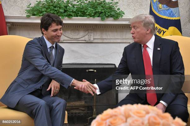 President Donald Trump and Canadian Prime Minister Justin Trudeau shake hands during their meeting at the White House in Washington, DC, on October...
