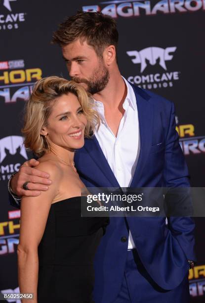 Actor Chris Hemsworth and wife/actress Elsa Pataky arrive for the Premiere Of Disney And Marvel's "Thor: Ragnarok" held on October 10, 2017 in Los...