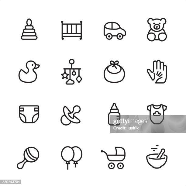 ilustraciones, imágenes clip art, dibujos animados e iconos de stock de set de bebé productos - icono de contorno - diaper