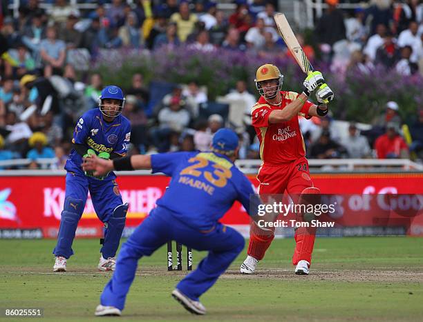 Kevin Pietersen of Bangalore hits out during the IPL T20 match between Rajasthan Royals and Royal Challengers Bangalore at Newlands Cricket Ground on...