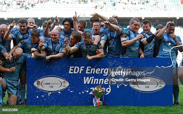 Cardiff players celebrate following their victory during the EDF Energy Cup Final between Gloucester and Cardiff Blues at Twickenham on April 18,...