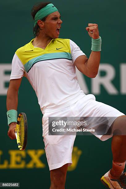 Rafael Nadal of Spain celebrates a point on his way to a 6-2,7-6 victory against Andy Murray of Great Britain in the semi final match during day six...