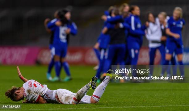 Simone Laudehr of Bayern Muenchen reacts after the UEFA Women Champions League Round of 32 second leg match between FC Bayern Muenchen and Chelsea...