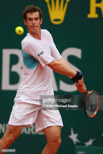 Andy Murray of Great Britain during his 2-6,6-7 semi final defeat against Rafael Nadal of Spain during day six of the ATP Masters Series at the Monte...