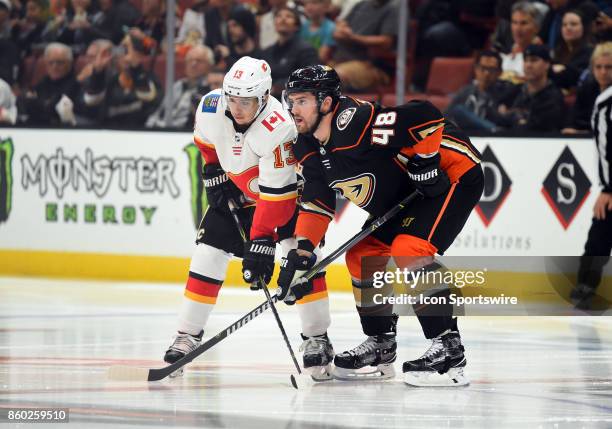 Calgary Flames Left Wing Johnny Gaudreau and Anaheim Ducks Winger Logan Shaw set up for a face off during an NHL game between the Calgary Flames and...