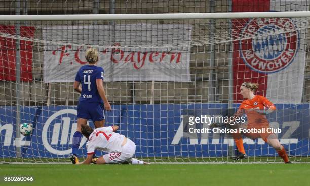 Goalkeeper Hedvig Lindahl of Chelsea FC misses to save a goal not given during the Champions League round of 32 second leg match between FC Bayern...