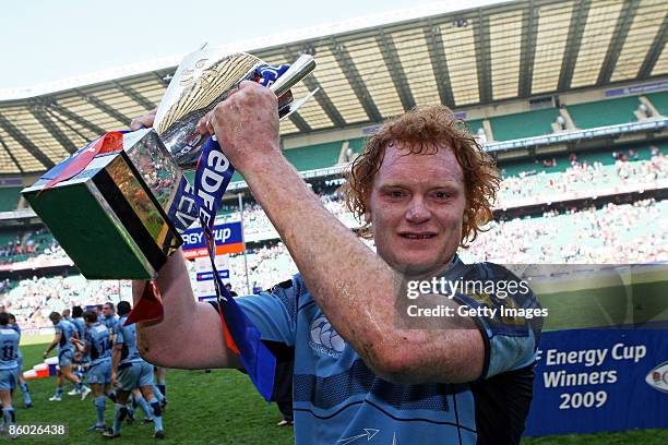 Cardiff captain Paul Tito lifts the trophy following his team's victory during the EDF Energy Cup Final between Gloucester and Cardiff Blues at...