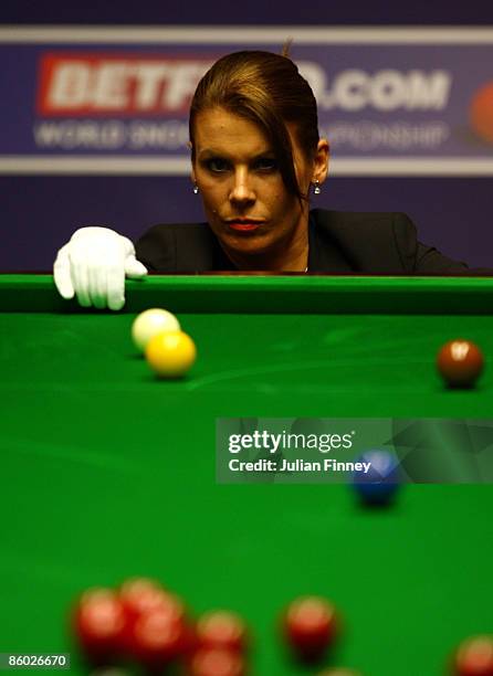 Referee, Michaela Tabb looks on in the match between Ronnie O'Sullivan of England and Stuart Bingham of England during the Betfred World Snooker...