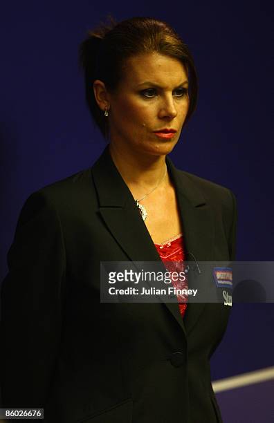 Referee, Michaela Tabb looks on in the match between Ronnie O'Sullivan of England and Stuart Bingham of England during the Betfred World Snooker...