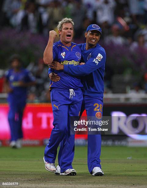 Shane Warne of Rajasthan celebrates taking the wicket of Balachandra Akhil of Bangalore during the IPL T20 match between Rajasthan Royals and Royal...