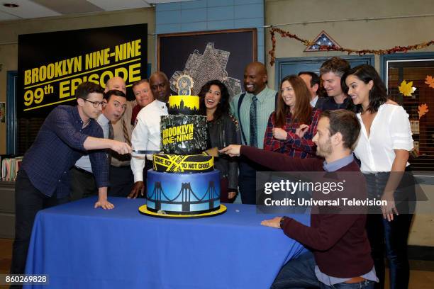 Brooklyn Nine-Nine 99th Episode" Pictured: Andy Samberg, Joe Lo Truglio, Joel McKinnon, Dirk Blocker, Andre Braugher, Stephanie Beatriz, Terry Crews,...