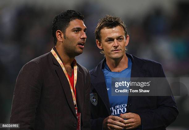 Kings XI Punjab captain Youvraj Singh and Deccan Chargers captain Adam Gilchrist have a chat during the IPL T20 match between Rajasthan Royals and...