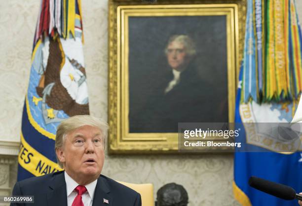President Donald Trump speaks while meeting with Justin Trudeau, Canada's prime minister, not pictured, in the Oval Office of the White House in...