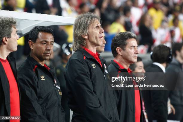 Ricardo Gareca head coach of Peru gestures before the match between Peru and Colombia as part of FIFA 2018 World Cup Qualifiers at National Stadium...