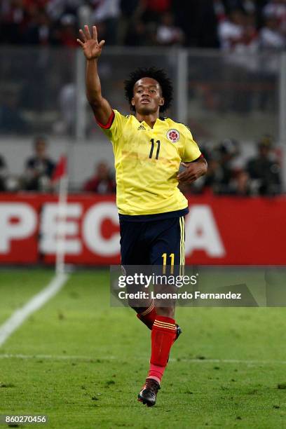 Juan Cuadrado of Colombia gestures during match between Peru and Colombia as part of FIFA 2018 World Cup Qualifiers at National Stadium on October...