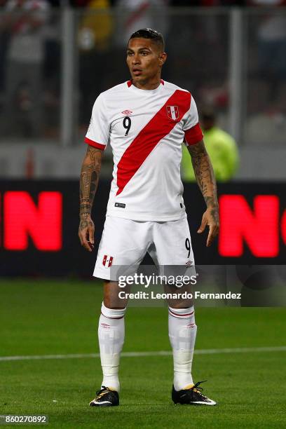 Paolo Guerrero of Peru looks on during a match between Peru and Colombia as part of FIFA 2018 World Cup Qualifiers at National Stadium on October 10,...