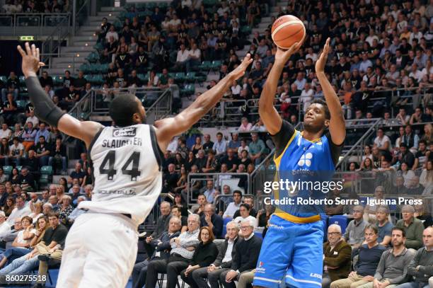 Damien Inglis of Betaland competes with Marcus Slaughter of Segafredo during the LBA LegaBasket of Serie A1 match between Virtus Segafredo Bologna...