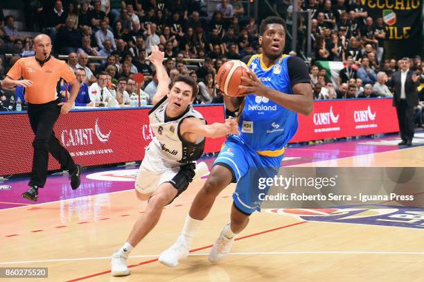 Damien Inglis of Betaland competes with Alessandro Pajola of Segafredo during the LBA LegaBasket of Serie A1 match between Virtus Segafredo Bologna...