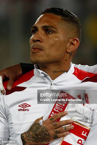 Paolo Guerrero of Peru sings the national anthem before match between Peru and Colombia as part of FIFA 2018 World Cup Qualifiers at National Stadium...