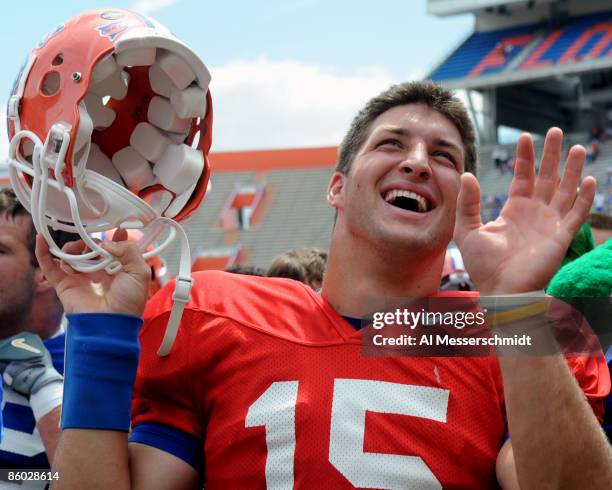 Quarterback Tim Tebow of the University of Florida celebrates after the spring football orange and blue game April 18, 2009 at Ben Hill Griffin...