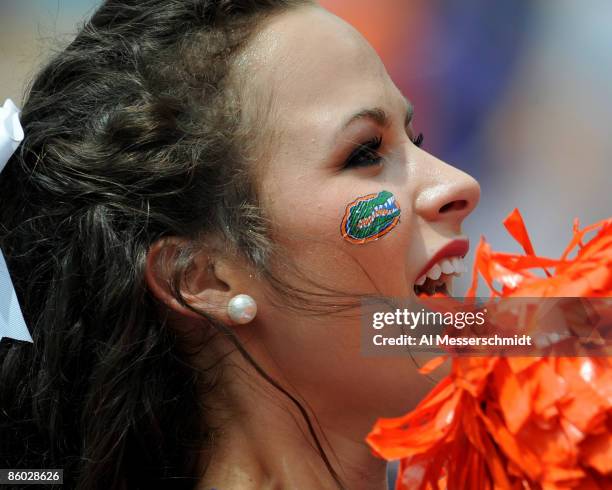 Cheerleader of the University of Florida entertains during the spring football orange and blue game April 18, 2009 at Ben Hill Griffin Stadium in...