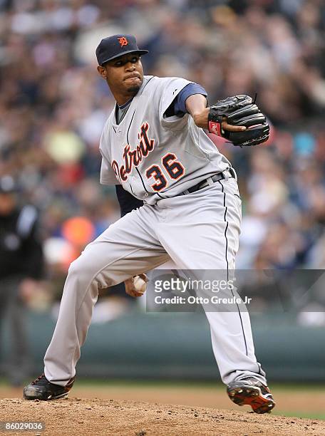 Starting pitcher Edwin Jackson of the Detroit Tigers pitches against the Seattle Mariners on April 18, 2009 at Safeco Field in Seattle, Washington.