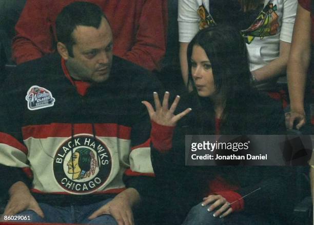 Actor Vince Vaugh and his fiancee Kyla Weber attend Game Two of the Western Conference Quarterfinals of the 2009 Stanley Cup Playoffs between the...