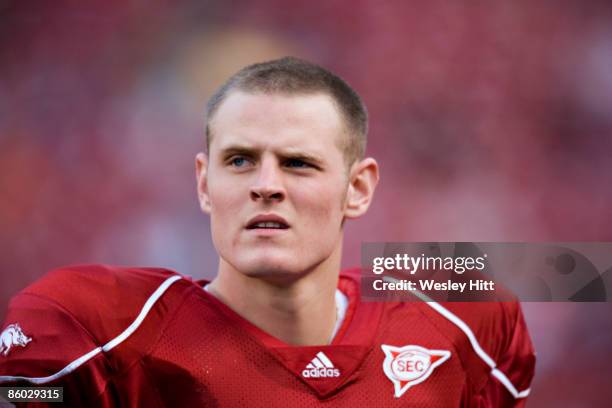 Ryan Mallet of the Arkansas Razorbacks Red team looks up at the scoreboard during the Spring Red White game at Donald W. Reynolds Stadium on April...